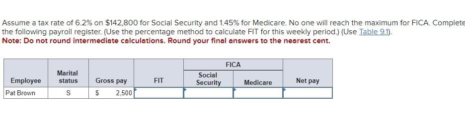 Assume a tax rate of 6.2% on $142,800 for Social Security and 1.45% for Medicare. No one will reach the maximum for FICA. Complete
the following payroll register. (Use the percentage method to calculate FIT for this weekly period.) (Use Table 9.1).
Note: Do not round intermediate calculations. Round your final answers to the nearest cent.
Employee
Pat Brown
Marital
status
S
Gross pay
$ 2,500
FIT
Social
Security
FICA
Medicare
Net pay