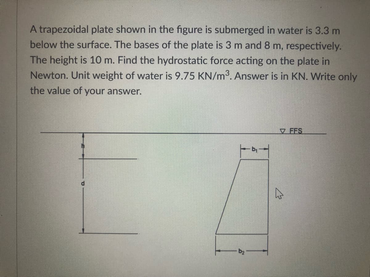 A trapezoidal plate shown in the figure is submerged in water is 3.3 m
below the surface. The bases of the plate is 3 m and 8 m, respectively.
The height is 10 m. Find the hydrostatic force acting on the plate in
Newton. Unit weight of water is 9.75 KN/m³. Answer is in KN. Write only
the value of your answer.
FFS
d
W