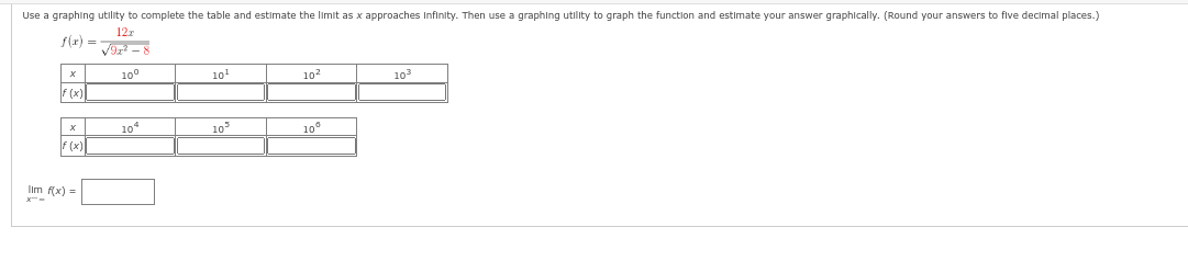 Use a graphing utility to complete the table and estimate the limit as x approaches Infinity. Then use a graphing utility to graph the function and estimate your answer graphically. (Round your answers to five decimal places.)
f(x) =
12r
√9r²-8
10⁰
X
f (x)
X
f (x)
lim f(x) =
104
10¹
10³
10²
10⁰
10³