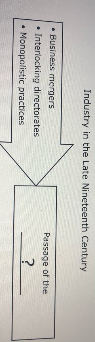 Industry in the Late Nineteenth Century
Business mergers
Passage of the
Interlocking directorates
Monopolistic practices
