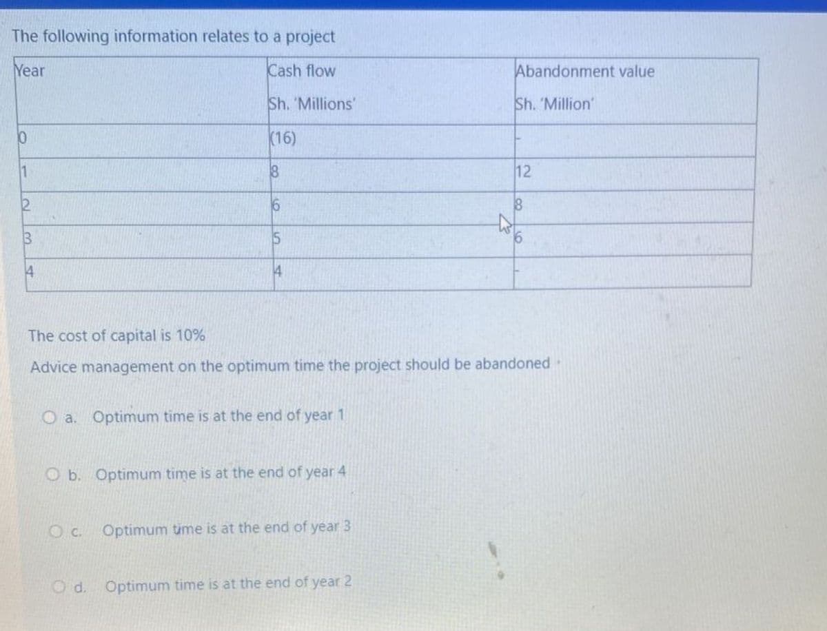 The following information relates to a project
Year
Cash flow
Sh. 'Millions'
(16)
1
3
4
18
16
5
O.C.
O a. Optimum time is at the end of year 1
The cost of capital is 10%
Advice management on the optimum time the project should be abandoned.
Ob. Optimum time is at the end of year 4
Optimum time is at the end of year 3
Abandonment value
Sh. 'Million'
Od. Optimum time is at the end of year 2
12