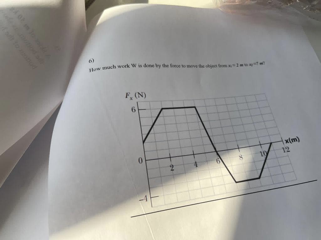 How much work W is done by the force to move the object from x=2 m to xy=7 m?
F. (N)
6
2
H
9
x(m)
12