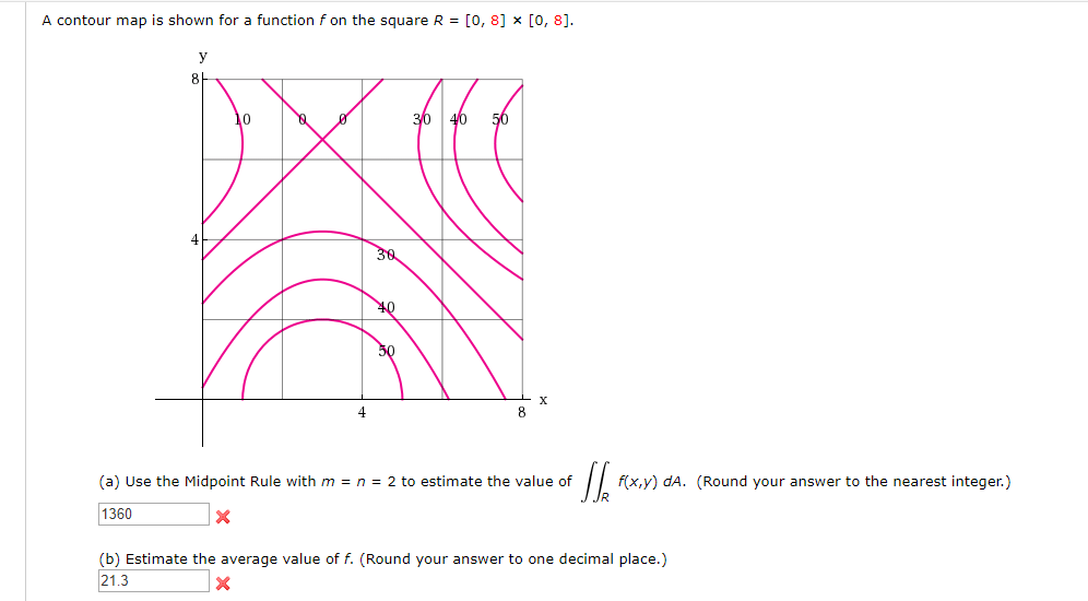 A contour map is shown for a function f on the square R = [0, 8] x [0,8].
y
8H
0
30 40
50
38
40
x
8
(a) Use the Midpoint Rule with m = n = 2 to estimate the value of
1360
f(x,y) dA. (Round your answer to the nearest integer.)
(b) Estimate the average value of f. (Round your answer to one decimal place.)
21.3
×