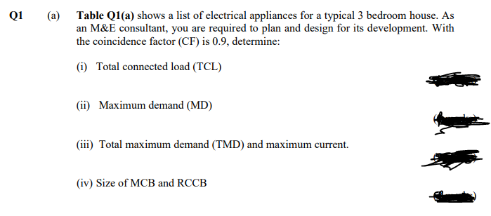 Q1
(a) Table Q1(a) shows a list of electrical appliances for a typical 3 bedroom house. As
an M&E consultant, you are required to plan and design for its development. With
the coincidence factor (CF) is 0.9, determine:
(i) Total connected load (TCL)
(ii) Maximum demand (MD)
(iii) Total maximum demand (TMD) and maximum current.
(iv) Size of MCB and RCCB
