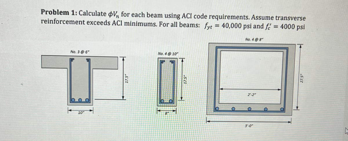 Problem 1: Calculate V₁ for each beam using ACI code requirements. Assume transverse
reinforcement exceeds ACI minimums. For all beams: fyt = 40,000 psi and fé = 4000 psi
No. 48
No. 3 @ 6"
10
No. 4@ 10"
2²-2
3'-0"