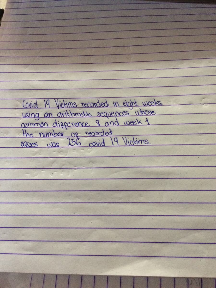 Covicd 19 Vickims recorded in eight weeks
using an arithmetic sequences whose
common dięperence 8 and week 1
the number
casses whs 25 covid 19 Vickims,
Of
recorded
