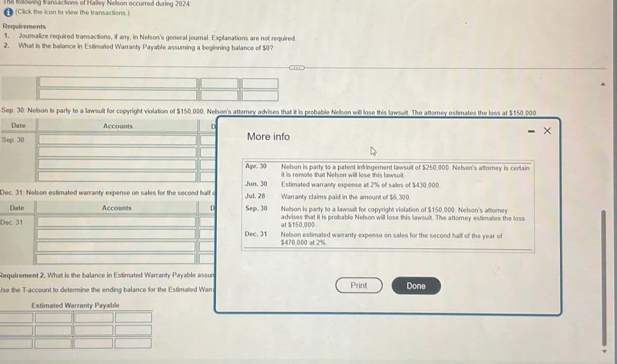 The following transactions of Hailey Nelson occurred during 2024:
(Click the icon to view the transactions.)
Requirements
Joumalize required transactions, if any, Nelson's general journal. Explanations are not required.
2. What is the balance in Estimated Warranty Payable assuming a beginning balance of $0?
Sep. 30: Nelson is party to a lawsuit for copyright violation of $150,000. Nelson's attorney advises that it is probable Nelson will lose this lawsuit. The attomey estimates the loss at $150,000.
Date
Sep. 30
Accounts
Dec. 31
D
Dec. 31: Nelson estimated warranty expense on sales for the second half o
Date
Accounts
D
Requirement 2. What is the balance in Estimated Warranty Payable assun
Use the T-account to determine the ending balance for the Estimated Warr
Estimated Warranty Payable
More info
Apr. 30
Jun. 30
Jul. 28
Sep. 30
Dec. 31
4
Nelson is party to a patent infringement lawsuit of $250,000. Nelson's attomey is certain
it is remote that Nelson will lose this lawsuit.
Estimated warranty expense at 2% of sales of $430,000,
Warranty claims paid in the amount of $6,300.
Nelson is party to a lawsuit for copyright violation of $150,000. Nelson's attorney
advises that it is probable Nelson will lose this lawsuit. The attorney estimates the loss
at $150,000.
Nelson estimated warranty expense on sales for the second half of the year of
$470,000 at 2%.
Print
-
Done
X