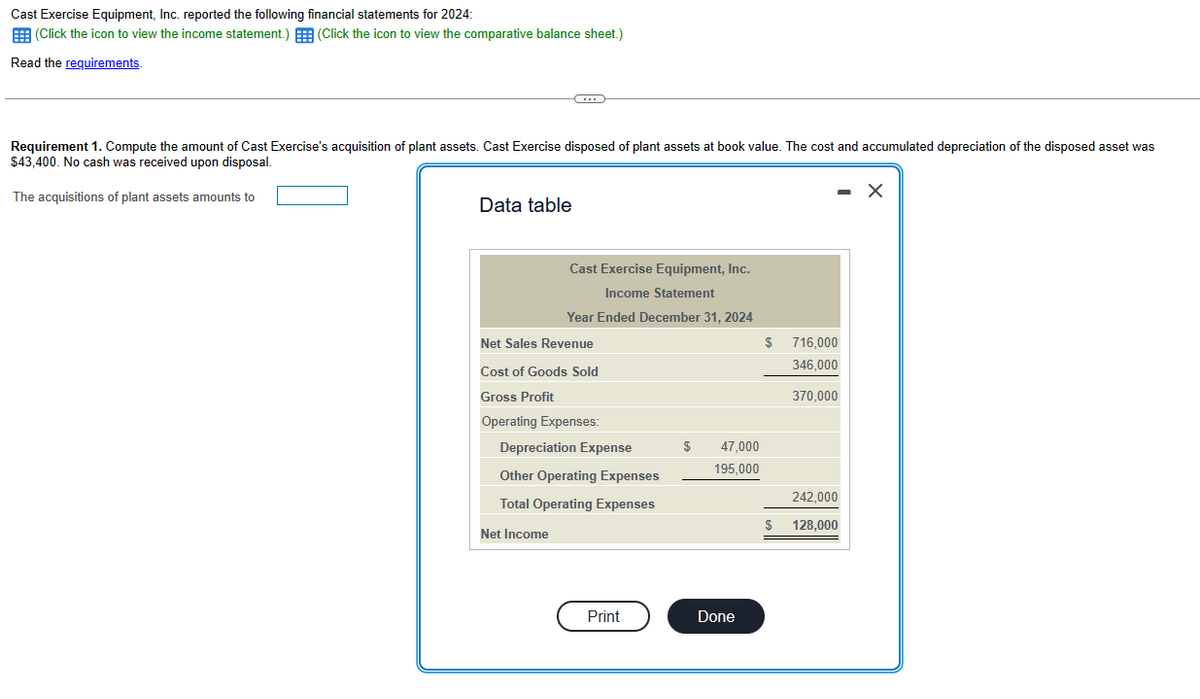 Cast Exercise Equipment, Inc. reported the following financial statements for 2024:
(Click the icon to view the income statement.)(Click the icon to view the comparative balance sheet.)
Read the requirements.
Requirement 1. Compute the amount of Cast Exercise's acquisition of plant assets. Cast Exercise disposed of plant assets at book value. The cost and accumulated depreciation of the disposed asset was
$43,400. No cash was received upon disposal.
The acquisitions of plant assets amounts to
Data table
C
Cast Exercise Equipment, Inc.
Income Statement
Year Ended December 31, 2024
Net Sales Revenue
Cost of Goods Sold
Gross Profit
Operating Expenses:
Net Income
Depreciation Expense
Other Operating Expenses
Total Operating Expenses
Print
$
47,000
195,000
Done
$
$
- X
716,000
346,000
370,000
242,000
128,000