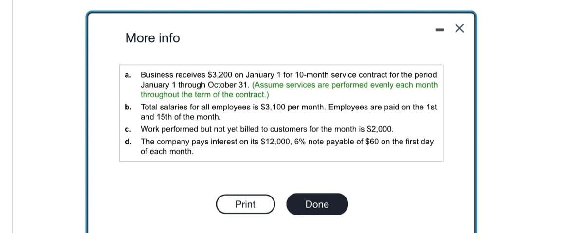 **More info**

a. Business receives $3,200 on January 1 for a 10-month service contract for the period January 1 through October 31. *(Assume services are performed evenly each month throughout the term of the contract.)*

b. Total salaries for all employees is $3,100 per month. Employees are paid on the 1st and 15th of the month.

c. Work performed but not yet billed to customers for the month is $2,000.

d. The company pays interest on its $12,000, 6% note payable of $60 on the first day of each month.

[Buttons: Print | Done]