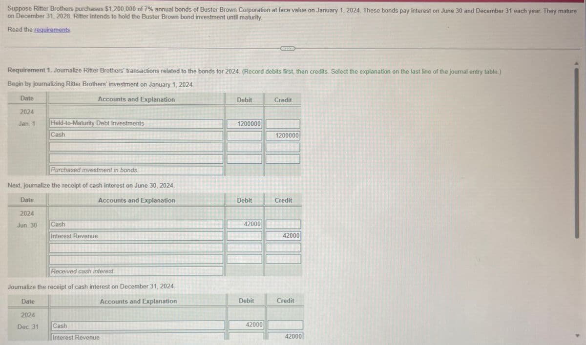 Suppose Ritter Brothers purchases $1,200,000 of 7% annual bonds of Buster Brown Corporation at face value on January 1, 2024. These bonds pay interest on June 30 and December 31 each year. They mature
on December 31, 2028. Ritter intends to hold the Buster Brown bond investment until maturity.
Read the requirements.
Requirement 1. Journalize Ritter Brothers' transactions related to the bonds for 2024. (Record debits first, then credits. Select the explanation on the last line of the journal entry table.)
Begin by journalizing Ritter Brothers' investment on January 1, 2024.
Date
Accounts and Explanation
2024
Jan. 1
Date
2024
Jun. 30
Next, journalize the receipt of cash interest on June 30, 2024.
Accounts and Explanation
Held-to-Maturity Debt Investments
Date
Cash
2024
Dec. 31
Purchased investment in bonds.
Cash
Interest Revenue
Journalize the receipt of cash interest on December 31, 2024.
Accounts and Explanation
Received cash interest.
Cash
Interest Revenue
Debit
1200000
Debit
42000
Debit
42000
Credit
1200000
Credit
42000
Credit
42000