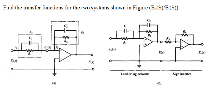 Find the transfer functions for the two systems shown in Figure (E.(S)/E(S)).
R2
E'(s)
EAN)
E(s)
EAs)
E)
Lead or lag network
Sign inverter
