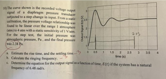 10) The curve shown is the recorded voltage output
signal of a diaphragm pressure transducer
subjected to a step change in input. From a static
calibration, the pressure voltage relationship was
found to be linear over the range I atmosphere
(atm) to 4 atm with a static sensitivity of 1 V/atm.
For the step test, the initial pressure was
atmospheric pressure, Pa , and the final pressure
was 2.38 Pa.
3.
a.75
1.5
a. Estimate the rise time, and the settling time.
b. Calculate the ringing frequency.
c. Determine the equation for the output signal as a function of time, E (t) if the system has a natural
frequency of 6.48 rad/s.
0.5
1.
1.5
2
2.5
3.5
time (s)
3.
2.
Output Signal E(1) [M
