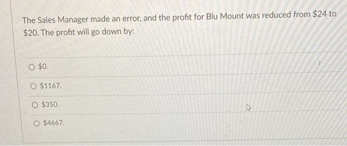 The Sales Manager made an error, and the profit for Blu Mount was reduced from $24 to
$20. The profit will go down by:
O $0.
O $1167.
O $350.
O $4667.
