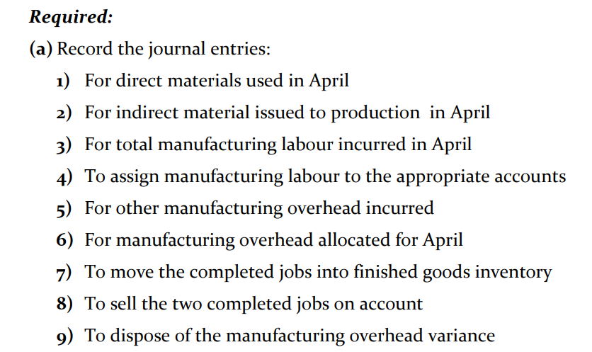 Required:
(a) Record the journal entries:
1) For direct materials used in April
2) For indirect material issued to production in April
3) For total manufacturing labour incurred in April
4) To assign manufacturing labour to the appropriate accounts
5) For other manufacturing overhead incurred
6) For manufacturing overhead allocated for April
7) To move the completed jobs into finished goods inventory
8) To sell the two completed jobs on account
9) To dispose of the manufacturing overhead variance