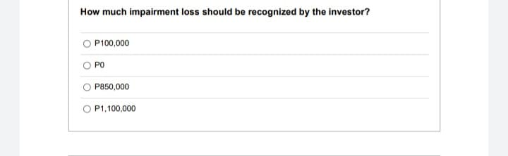 How much impairment loss should be recognized by the investor?
O P100,000
O PO
P850,000
O P1,100,000
