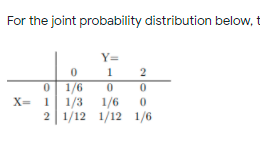 For the joint probability distribution below, t
Y=
1
2
0 1/6
1 1/3
1/6
2 1/12 1/12 1/6
X=
