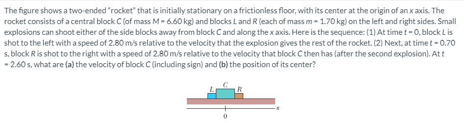 The figure shows a two-ended "rocket" that is initially stationary on a frictionless floor, with its center at the origin of an x axis. The
rocket consists of a central block C (of mass M = 6.60 kg) and blocks L and R (each of mass m = 1.70 kg) on the left and right sides. Small
explosions can shoot either of the side blocks away from block C and along the x axis. Here is the sequence: (1) At time t = 0, block L is
shot to the left with a speed of 2.80 m/s relative to the velocity that the explosion gives the rest of the rocket. (2) Next, at time t = 0.70
s, block R is shot to the right with a speed of 2.80 m/s relative to the velocity that block C then has (after the second explosion). At t
= 2.60 s, what are (a) the velocity of block C (including sign) and (b) the position of its center?
R
