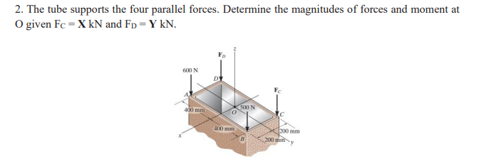 2. The tube supports the four parallel forces. Determine the magnitudes of forces and moment at
O given Fc = X kN and Fp = Y kN.
600 N
500 N
400 mm
200 mm
200 m
400 mm
