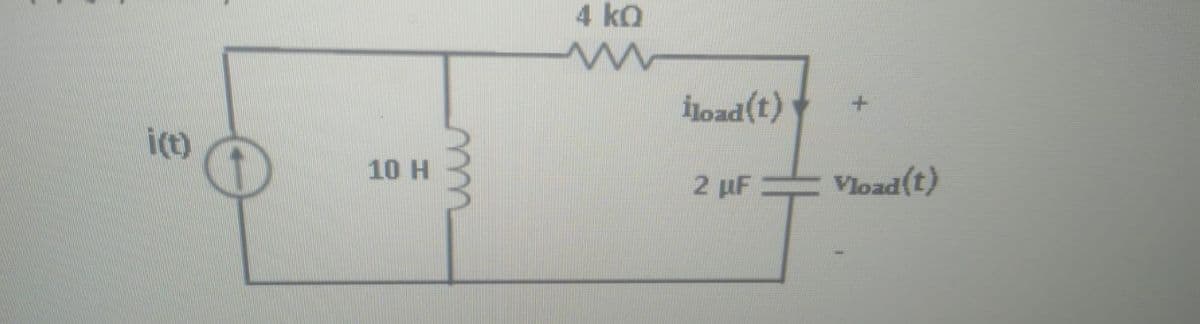 **Series-Parallel RLC Circuit Analysis**

This schematic illustrates a series-parallel RLC circuit commonly used for analysis in electrical engineering.

**Description of Components and Connections:**

1. **Current Source \[i(t)\]**: On the left side of the circuit, there is a current source denoted by \( i(t) \). This source provides a time-dependent current to the circuit.

2. **10 H Inductor**: The current source is connected in series to a 10 Henry (\[H\]) inductor. The inductor is represented with the standard coil symbol.

3. **4 kΩ Resistor**: The other end of the inductor is connected to a resistor with a resistance value of 4 kilo-ohms (\[kΩ\]).

4. **Load Branch**: Parallel to the 4 kΩ resistor is a load branch consisting of a capacitor.
   - **2 μF Capacitor**: The capacitor has a capacitance value of 2 microfarads (\[μF\]).
   - **Voltage and Current Across Load**:
     - \( v_{\text{load}}(t) \) denotes the voltage across the capacitor.
     - \( i_{\text{load}}(t) \) denotes the current through the resistor and capacitor branch.

**Voltage and Current Notations:**
- \( v_{\text{load}}(t) \) is shown with positive and negative signs indicating the polarity.
- \( i_{\text{load}}(t) \) shows the direction of current flow through the load branch.
 
Understanding this circuit is crucial for analyzing the dynamic response in terms of voltage and current waveforms when subjected to a time-dependent input. This configuration forms the basis for understanding resonance, transient, and steady-state behavior in RLC circuits.