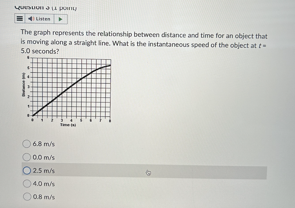 Questions point)
Listen
The graph represents the relationship between distance and time for an object that
is moving along a straight line. What is the instantaneous speed of the object at t=
5.0 seconds?
6
5
す
3
Distance (m)
1 2 3 4
5 6
8
Time (s)
6.8 m/s
0.0 m/s
2.5 m/s
4.0 m/s
0.8 m/s
B