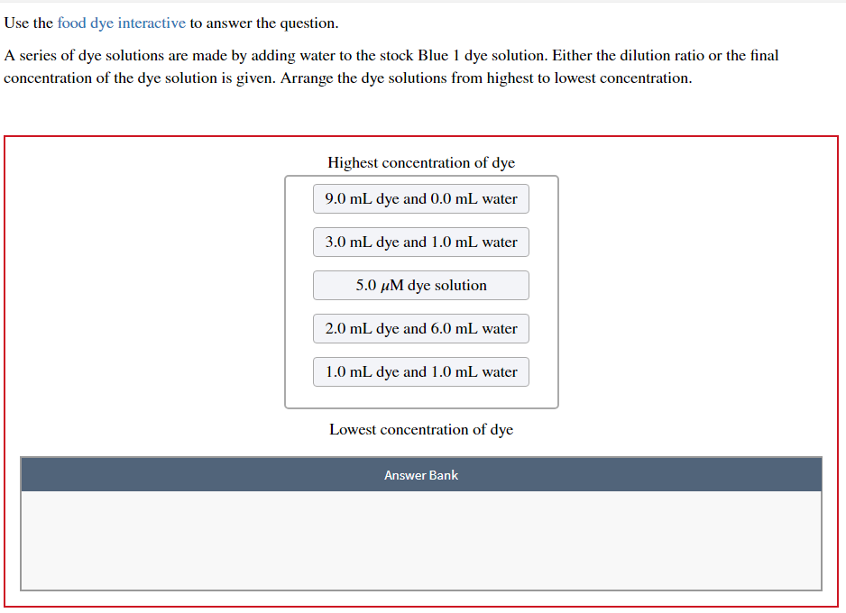 Use the food dye interactive to answer the question.
A series of dye solutions are made by adding water to the stock Blue 1 dye solution. Either the dilution ratio or the final
concentration of the dye solution is given. Arrange the dye solutions from highest to lowest concentration.
Highest concentration of dye
9.0 mL dye and 0.0 mL water
3.0 mL dye and 1.0 mL water
5.0 μM dye solution
2.0 mL dye and 6.0 mL water
1.0 mL dye and 1.0 mL water
Lowest concentration of dye
Answer Bank