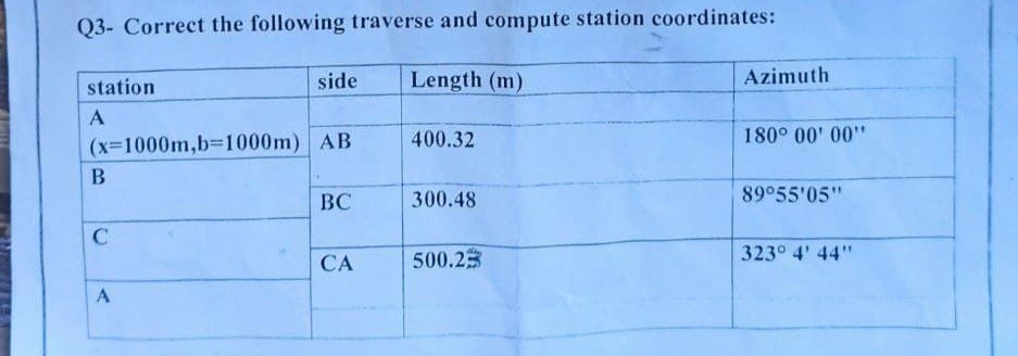 Q3- Correct the following traverse and compute station coordinates:
Length (m)
station
A
(x=1000m,b=1000m) AB
B
C
side
A
BC
CA
400.32
300.48
500.23
Azimuth
180° 00'00"
89°55'05"
323° 4' 44"