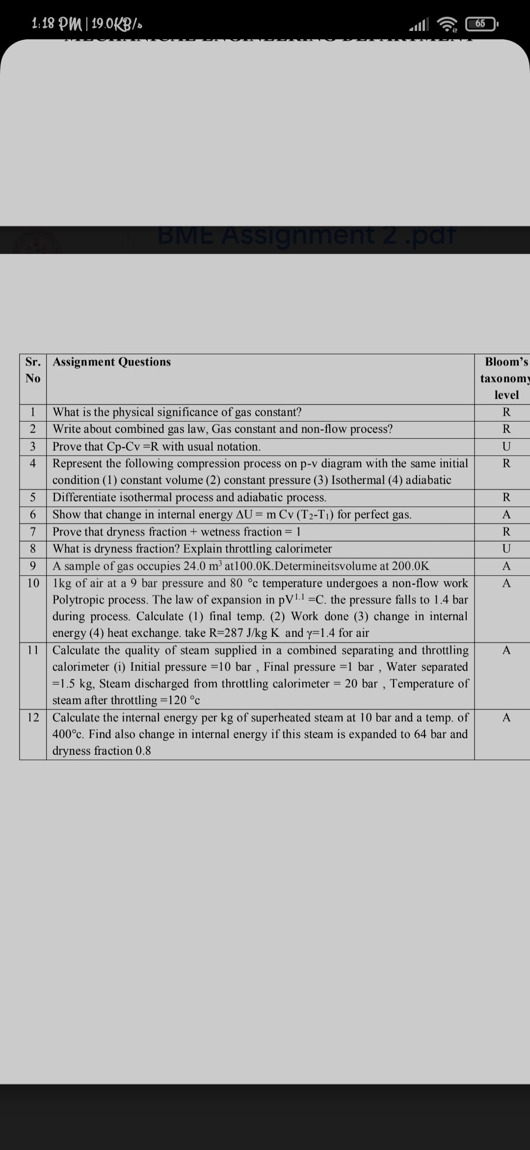 1: 18 PM | 19.0KB/
65
BME ASsignment 2 .pdf
Sr. Assignment Questions
Bloom's
No
taxonomy
level
What is the physical significance of gas constant?
Write about combined gas law, Gas constant and non-flow process?
Prove that Cp-Cy=R with usual notation.
1
R
2
R
3
U
4
Represent the following compression process on p-v diagram with the same initial
R
condition (1) constant volume (2) constant pressure (3) Isothermal (4) adiabatic
Differentiate isothermal process and adiabatic process.
Show that change in internal energy AU = m Cv (T2-T1) for perfect gas.
5
R
A
7
Prove that dryness fraction + wetness fraction= 1
R
What is dryness fraction? Explain throttling calorimeter
A sample of gas occupies 24.0 m³ at100.0K.Determineitsvolume at 200.0K
10 | 1kg of air at a 9 bar pressure and 80 °c temperature undergoes a non-flow work
Polytropic process. The law of expansion in pV1l=C. the pressure falls to 1.4 bar
during process. Calculate (1) final temp. (2) Work done (3) change in internal
energy (4) heat exchange. take R=287 J/kg K and y=1.4 for air
Calculate the quality of steam supplied in a combined separating and throttling
calorimeter (i) Initial pressure =10 bar , Final pressure =1 bar , Water separated
8
U
9.
A
A
11
A
=1.5 kg, Steam discharged from throttling calorimeter = 20 bar , Temperature of
steam after throttling =120 °c
Calculate the internal energy per kg of superheated steam at 10 bar and a temp. of
400°c. Find also change in internal energy if this steam is expanded to 64 bar and
dryness fraction 0.8
12
A
