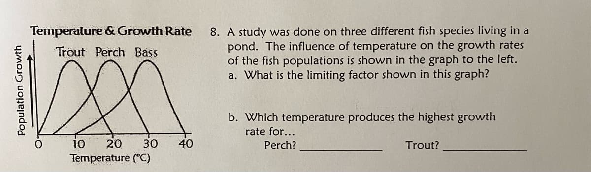 Population Growth
Temperature & Growth Rate
Trout Perch Bass
10 20 30 40
Temperature (°C)
8.
A study was done on three different fish species living in a
pond. The influence of temperature on the growth rates
of the fish populations is shown in the graph to the left.
a. What is the limiting factor shown in this graph?
b. Which temperature produces the highest growth
rate for...
Perch?
Trout?