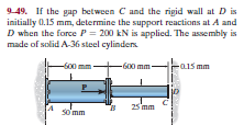 9.49. If the gap between C and the rigid wall at D is
initially 0.15 mm, determine the support reactions at A and
D when the force P = 200 kN is applied. The assembly is
made of solid A-36 steel cylinders
-600 mm
-600 mm-
-ais mm
25mm
somm
