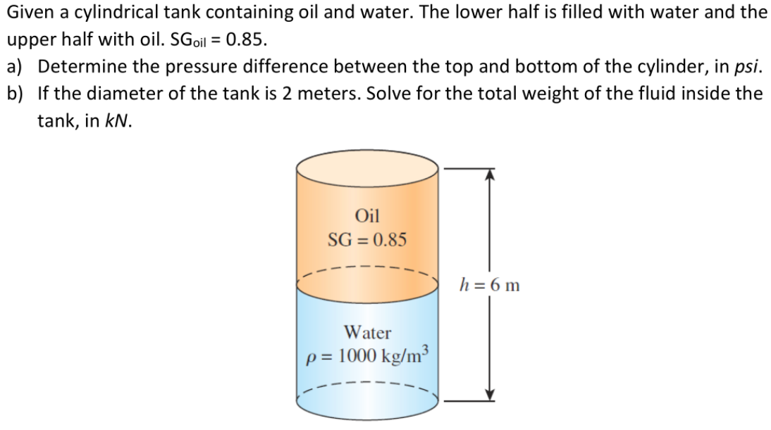 Given a cylindrical tank containing oil and water. The lower half is filled with water and the
upper half with oil. SGoil = 0.85.
a) Determine the pressure difference between the top and bottom of the cylinder, in psi.
b) If the diameter of the tank is 2 meters. Solve for the total weight of the fluid inside the
tank, in kN.
Oil
SG = 0.85
h = 6 m
Water
p =
= 1000 kg/m³
