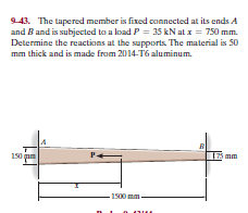 943. The tapered member is fixed connected at its ends A
and B and is subjected to a load P = 35 kN at x = 750 mm.
Determine the reactions at the supports The material is 50
mm thick and is made from 2014-T6 aluminum.
150 gim
- 1500 mm
