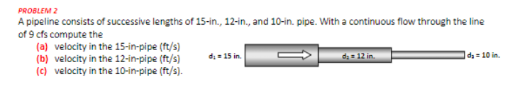 PROBLEM 2
A pipeline consists of successive lengths of 15-in., 12-in., and 10-in. pipe. With a continuous flow through the line
of 9 cfs compute the
(a) velocity in the 15-in-pipe (ft/s)
(b) velocity in the 12-in-pipe (ft/s)
(c) velocity in the 10-in-pipe (ft/s).
di = 15 in.
da = 12 in.
da = 10 in.
