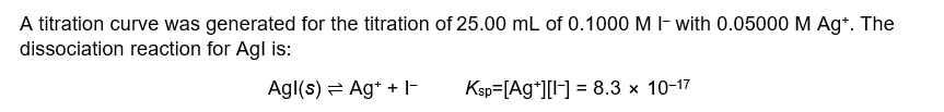 A titration curve was generated for the titration of 25.00 mL of 0.1000 M - with 0.05000 M Ag*. The
dissociation reaction for Agl is:
Agl(s) = Ag* + -
Ksp=[Ag*][l-] = 8.3 x 10-17
