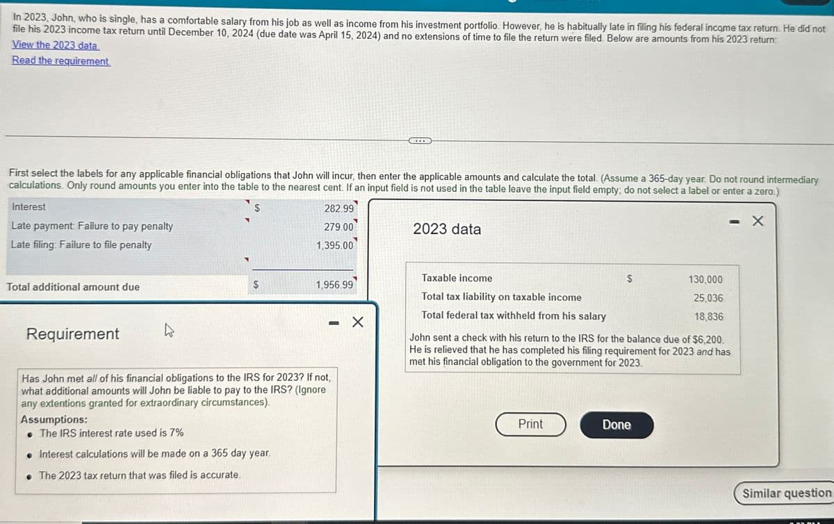 In 2023, John, who is single, has a comfortable salary from his job as well as income from his investment portfolio. However, he is habitually late in filing his federal income tax return. He did not
file his 2023 income tax return until December 10, 2024 (due date was April 15, 2024) and no extensions of time to file the return were filed. Below are amounts from his 2023 return:
View the 2023 data.
Read the requirement.
First select the labels for any applicable financial obligations that John will incur, then enter the applicable amounts and calculate the total. (Assume a 365-day year. Do not round intermediary
calculations. Only round amounts you enter into the table to the nearest cent. If an input field is not used in the table leave the input field empty; do not select a label or enter a zero.)
Interest
Late payment: Failure to pay penalty
Late filing: Failure to file penalty
282.99
279.00
1,395.00
2023 data
- X
Taxable income
Total additional amount due
$
1,956.99
Total tax liability on taxable income
Total federal tax withheld from his salary
-
130,000
25,036
18,836
Requirement
Has John met all of his financial obligations to the IRS for 2023? If not,
what additional amounts will John be liable to pay to the IRS? (Ignore
any extentions granted for extraordinary circumstances).
Assumptions:
.The IRS interest rate used is 7%
• Interest calculations will be made on a 365 day year.
.The 2023 tax return that was filed is accurate.
John sent a check with his return to the IRS for the balance due of $6,200.
He is relieved that he has completed his filing requirement for 2023 and has
met his financial obligation to the government for 2023.
Print
Done
Similar question