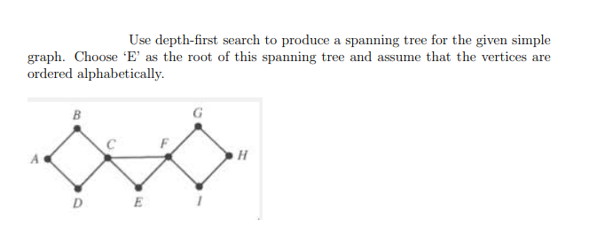 Use depth-first search to produce a spanning tree for the given simple
graph. Choose 'E' as the root of this spanning tree and assume that the vertices are
ordered alphabetically.
A
B
DE
H