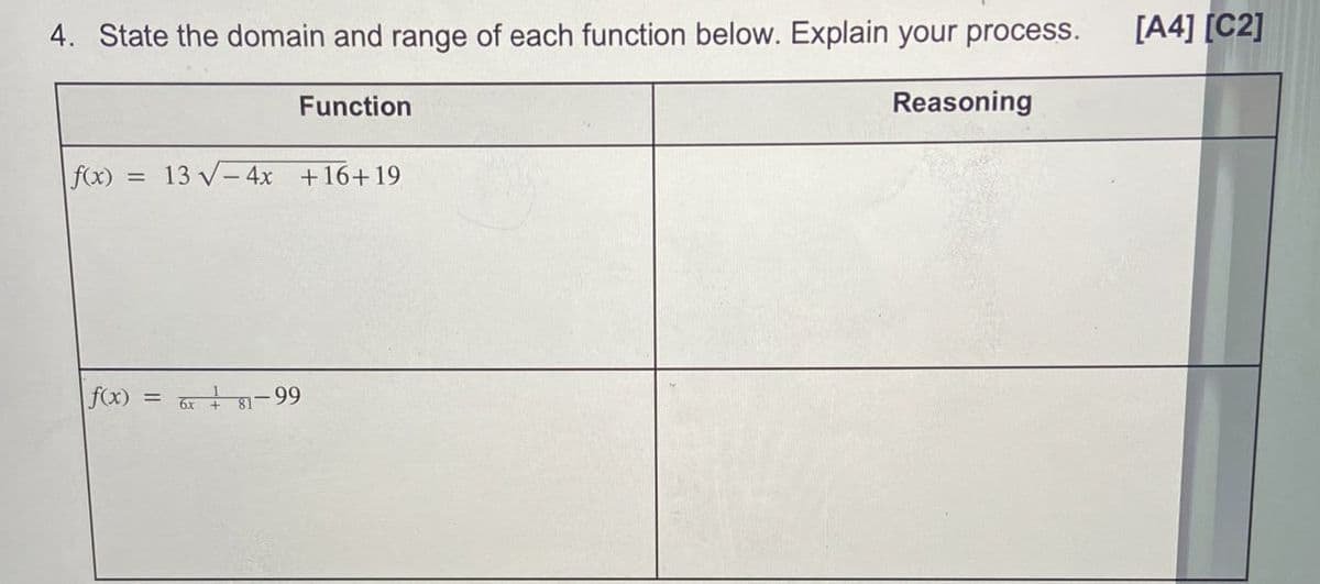 4. State the domain and range of each function below. Explain your process.
[A4] [C2]
Function
f(x) = 13√√-4x +16+19
f(x) = 6x+81-99
Reasoning