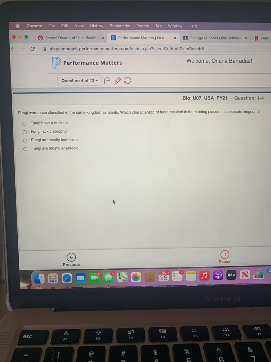 Chrome
File
Edit
View
History
Bookmarks
People
Tab
Window
Help
O School District of Palm Beach (X
Performance Matters | OLA
A Biology I Honors Miss Schwart X
N Netfl:
A olapalmbeach.performancematters.com/ola/ola.jsp?clientCode=flPalmBeach#
P
Performance Matters
Welcome, Oriana Barradas!
Question 4 of 12 - O
Bio_U07_USA_FY21
Question: 1-4
Fungi were once classified in the same kingdom as plants. Which characteristic of fungi resulted in them being placed in a separate kingdom?
O Fungi have a nucleus.
O Fungi lack chlorophyll.
O Fungi are mostly immobile.
O Fungi are mostly anaerobic.
Pause
Previous
25
O étv
MacBook Air
80
000
000
F6
F7
esc
F4
F5
F2
F3
E1
#
$
