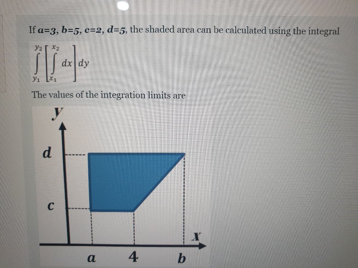 If a=3, b=5, c=2, d=5, the shaded area can be calculated using the integral
X2
dx dy
The values of the integration limits are
d
C
a
4
b
