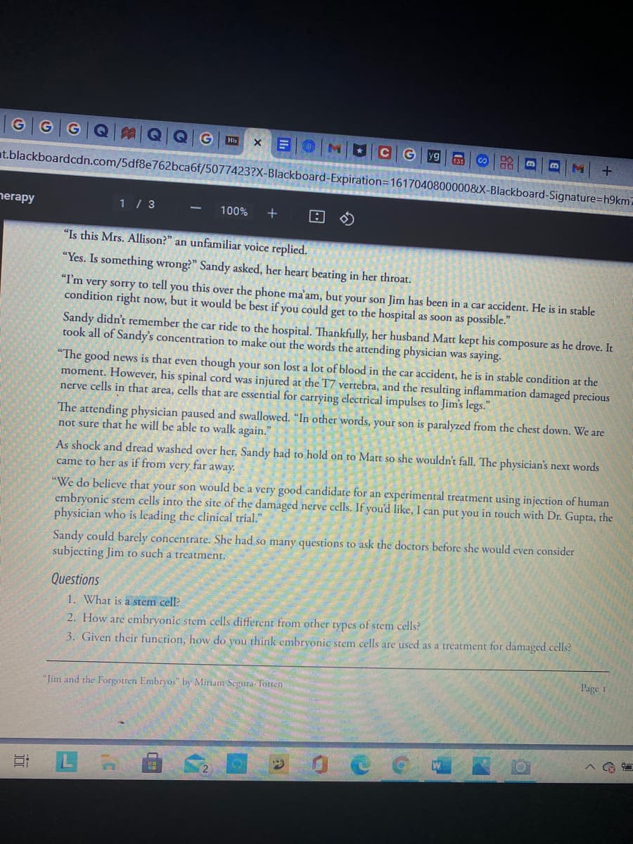 目O|M
yg
t.blackboardcdn.com/5df8e762bca6f/5077423?X-Blackboard-Expiration=16170408000008X-Blackboard-Signature=h9km,
nerapy
1 / 3
100%
"Is this Mrs. Allison?" an unfamiliar voice replied.
"Yes. Is something wrong?" Sandy asked, her heart beating in her throat.
"I'm very sorry to tell you this over the phone ma'am, but your son Jim has been in a car accident. He is in stable
condition right now, but it would be best if you could get to the hospital as soon as possible."
Sandy didn't remember the car ride to the hospital. Thankfully, her husband Matt kept his composure as he drove. It
took all of Sandy's concentration to make out the words the attending physician was saying.
"The good news is that even though your son lost a lot of blood in the car accident, he is in stable condition at the
moment. However, his spinal cord was injured at the T7 vertebra, and the resulting inflammation damaged precious
nerve cells in that area, cells that are essential for carrying clectrical impulses to Jim's legs."
The attending physician paused and swallowed. "In other words, your son is paralyzed from the chest down. We are
not sure that he will be able to walk again."
As shock and dread washed over her, Sandy had to hold on to Matt so she wouldn't fall. The physician's next words
came to her as if from very far away.
"We do believe that your son would be a very good candidate for an experimental treatment using injection of human
embryonic stem cells into the site of the damaged nerve cells. If you'd like, I can put you in touch with Dr. Gupta, the
physician who is leading the clinical trial."
Sandy could barely concentrate. She had so many questions to ask the doctors before she would even consider
subjecting Jim to such a treatment.
Questions
1. What is a stem cell?
2. How are embryonic stem cells different from other types of stem cells?
3. Given their function, how do you think embryonic stem cells are used as a treatment for damaged cells?
Page I
"Jim and the Forgotten Embryos" by Miriam Segura- Totten
2.
