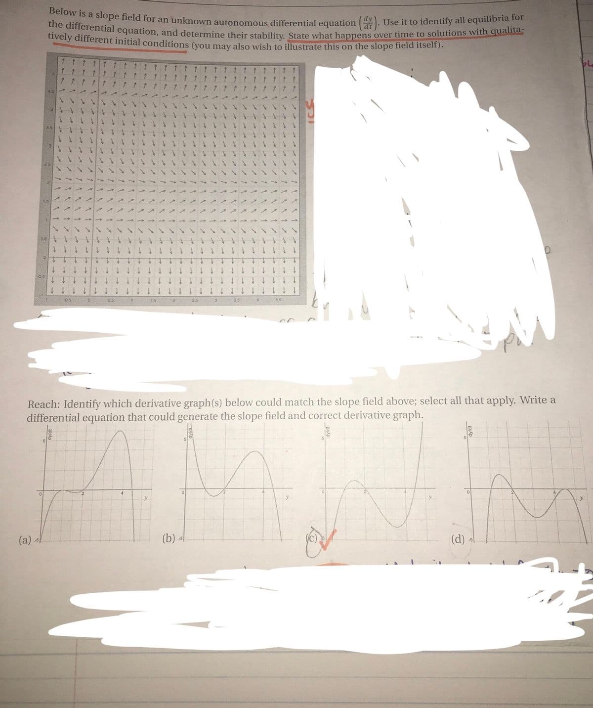 the differential equation, and determine their stability. State what happens over time to solutions with qualita-
Below is a slope field for an unknown autonomous differential equation . Use it to identify all equilibria for
tively different initial conditions (vou may also wish to illustrate this on the slope field itsel).
1 1 1 1 tt t t t
1 ↑ ↑11
↑ t 1 1 t1
0.5
-05
0.5
1.5
2.5
3.5
Reach: Identify which derivative graph(s) below could match the slope field above; select all that apply. Write a
differential equation that could generate the slope field and correct derivative graph.
(а)
(b) s
C)
(d)-
