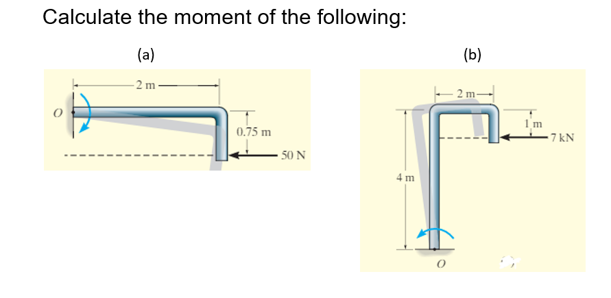 Calculate the moment of the following:
(a)
-2 m
0.75 m
50 N
4 m
(b)
2 m-
1 m
-7 kN