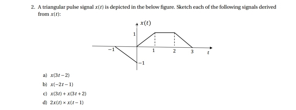 2. A triangular pulse signal x(t) is depicted in the below figure. Sketch each of the following signals derived
from x(t):
4 x(t)
1
1
2
3
-1
a) x(3t – 2)
b) x(-2t – 1)
c) x(3t) + x(3t+2)
d) 2x(t) × x(t– 1)
