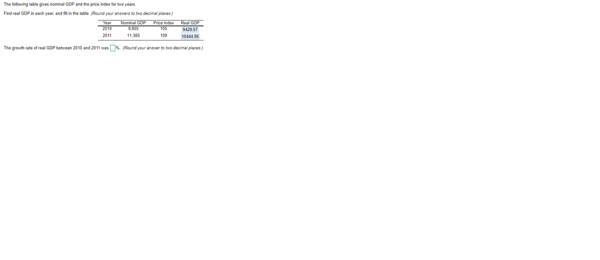 The following table gives nominal GDP and the price index for two years.
Find real GDP in each year, and fill in the table. (Round your answers to two decimal places.)
Nominal GDP
9,900
Year
Price index
Real GDP
2010
105
9428.57
2011
11.385
109
10444.95
The growth rate of real GDP between 2010 and 2011 was %. (Round your answer to two decimal places.)

