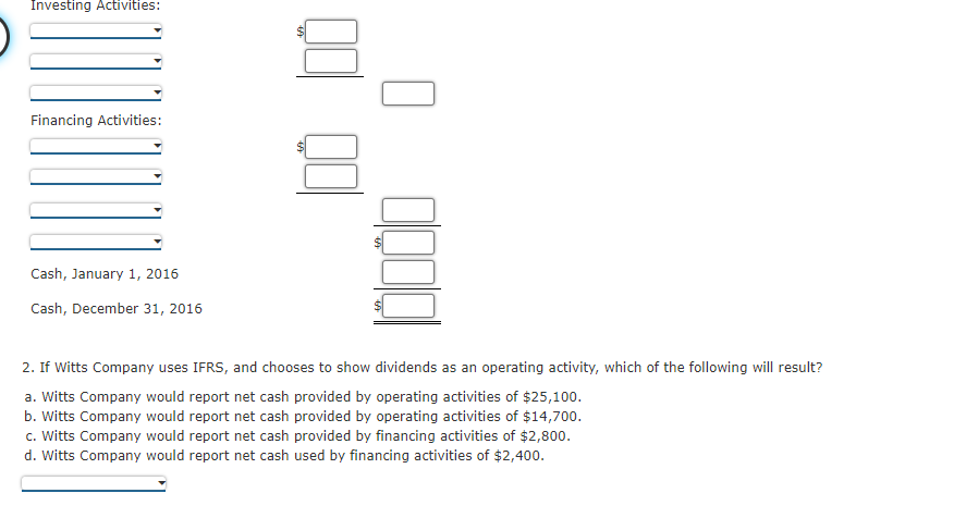 Investing Activities:
Financing Activities:
Cash, January 1, 2016
Cash, December 31, 2016
2. If Witts Company uses IFRS, and chooses to show dividends as an operating activity, which of the following will result?
a. Witts Company would report net cash provided by operating activities of $25,100.
b. Witts Company would report net cash provided by operating activities of $14,700.
c. Witts Company would report net cash provided by financing activities of $2,800.
d. Witts Company would report net cash used by financing activities of $2,400.
