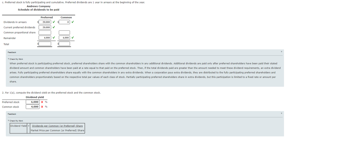 c. Preferred stock is fully participating and cumulative. Preferred dividends are 1 year in arrears at the beginning of the year.
Andrews Company
Schedule of dividends to be paid
Preferred
Common
Dividends in arrears
20,000
Current preferred dividends
20,000
Common proportional share
Remainder
4,000 V
6,000
Total
Feedback
V Check My Work
When preferred stock is participating preferred stock, preferred shareholders share with the common shareholders in any additional dividends. Additional dividends are paid only after preferred shareholders have been paid their stated
dividend amount and common shareholders have been paid at a rate equal to that paid on the preferred stock. Then, if the total dividends paid are greater than the amount needed to meet these dividend requirements, an extra dividend
arises. Fully participating preferred shareholders share equally with the common shareholders in any extra dividends. When a corporation pays extra dividends, they are distributed to the fully participating preferred shareholders and
common shareholders proportionately based on the respective total par values of each class of stock. Partially participating preferred shareholders share in extra dividends, but this participation is limited to a fixed rate or amount per
share.
2. For 1(a), compute the dividend yield on the preferred stock and the common stock.
Dividend yield
Preferred stock
6,000
X %
Common stock
4,000 x %
Feedback
V Check My Work
Dividend Yield - Dividends per Common (or Preferred) Share
Market Price per Common (or Preferred) Share
