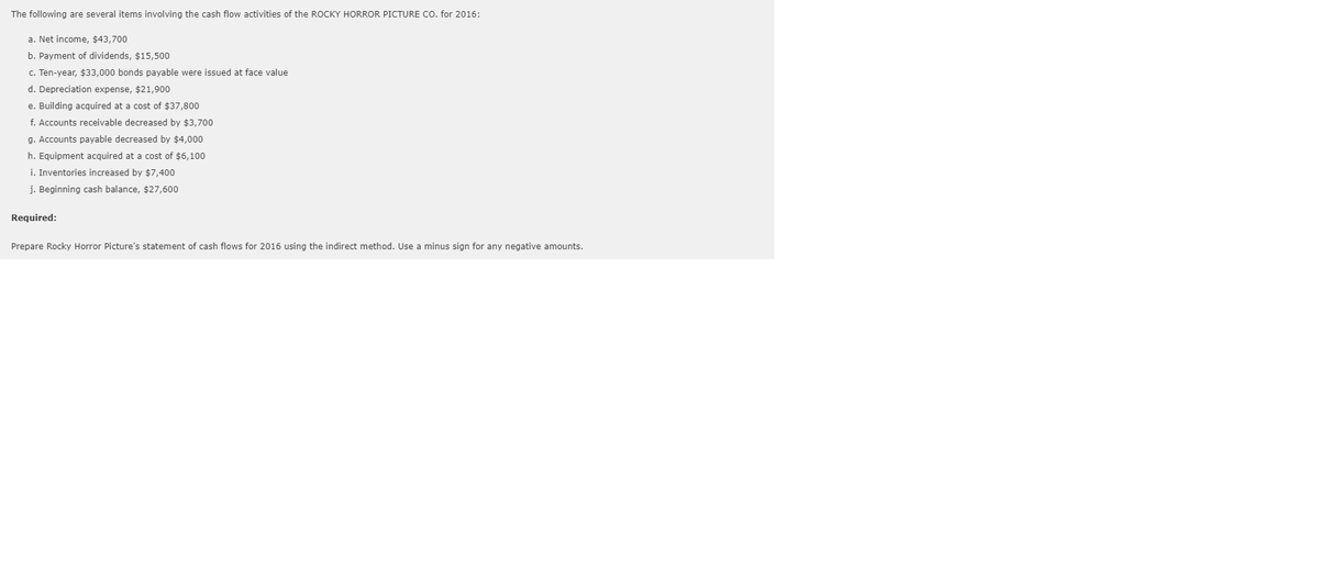 The following are several items involving the cash flow activities of the ROCKY HORROR PICTURE CO. for 2016:
a. Net income, $43,700
b. Payment of dividends, $15,500
c. Ten-year, $33,000 bonds payable were issued at face value
d. Depreciation expense, $21,900
e. Building acquired at a cost of $37,800
f. Accounts receivable decreased by $3,700
g. Accounts payable decreased by $4,000
h. Equipment acquired at a cost of $6,100
i. Inventories increased by $7,400
j. Beginning cash balance, $27,600
Required:
Prepare Rocky Horror Picture's statement of cash flows for 2016 using the indirect method. Use a minus sign for any negative amounts.
