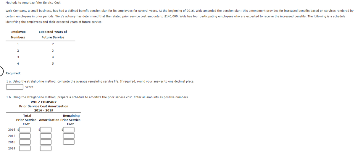 Methods to Amortize Prior Service Cost
Wolz Company, a small business, has had a defined benefit pension plan for its employees for several years. At the beginning of 2016, Wolz amended the pension plan; this amendment provides for increased benefits based on services rendered by
certain employees in prior periods. Wolz's actuary has determined that the related prior service cost amounts to $140,000. Wolz has four participating employees who are expected to receive the increased benefits. The following is a schedule
identifying the employees and their expected years of future service:
Employee
Expected Years of
Numbers
Future Service
3
3
4
4
Required:
1 a. Using the straight-line method, compute the average remaining service life. If required, round your answer to one decimal place.
years
1 b. Using the straight-line method, prepare a schedule to amortize the prior service cost. Enter all amounts as positive numbers.
WOLZ COMPANY
Prior Service Cost Amortization
2016 - 2019
Total
Remaining
Prior Service Amortization Prior Service
Cost
Cost
2016
2017
2018
2019
