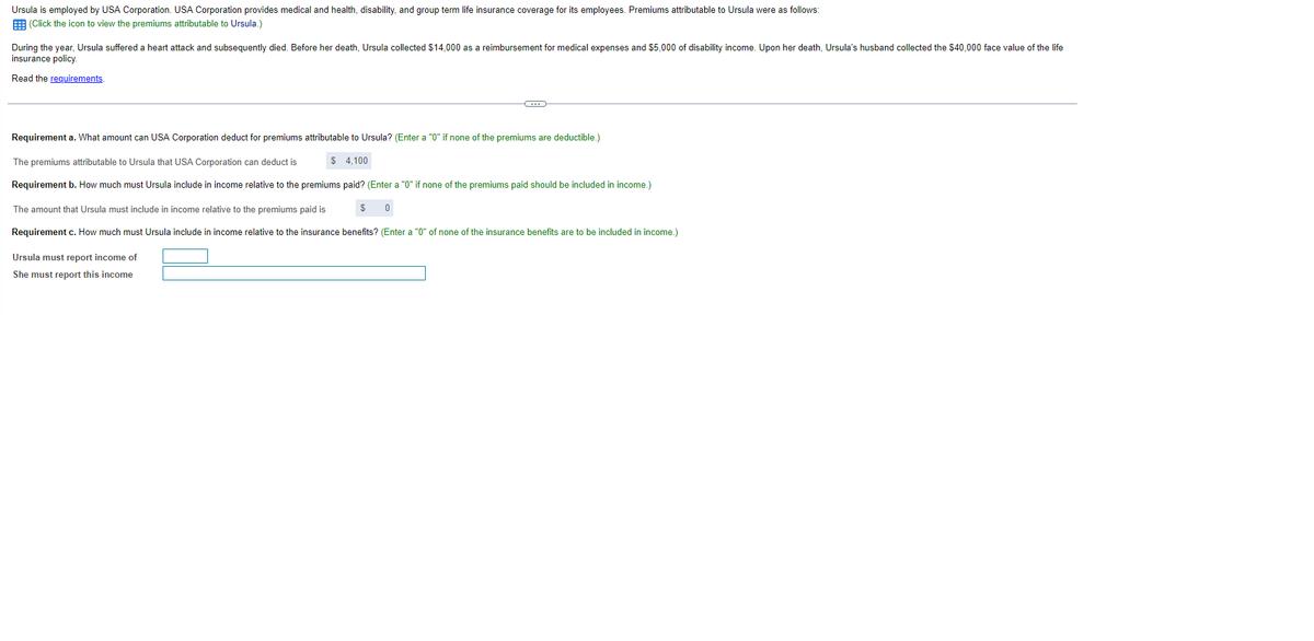 Ursula is employed by USA Corporation. USA Corporation provides medical and health, disability, and group term life insurance coverage for its employees. Premiums attributable to Ursula were as follows:
(Click the icon to view the premiums attributable to Ursula.)
During the year, Ursula suffered a heart attack and subsequently died. Before her death, Ursula collected $14,000 as a reimbursement for medical expenses and $5,000 of disability income. Upon her death, Ursula's husband collected the $40,000 face value of the life
insurance policy.
Read the requirements.
Requirement a. What amount can USA Corporation deduct for premiums attributable to Ursula? (Enter a "0" if none of the premiums are deductible.)
The premiums attributable to Ursula that USA Corporation can deduct is
Requirement b. How much must Ursula include in income relative to the premiums paid? (Enter a "0" if none of the premiums paid should be included in income.)
0
$4,100
Ursula must report income of
She must report this income
C
$
The amount that Ursula must include in income relative to the premiums paid is
Requirement c. How much must Ursula include in income relative to the insurance benefits? (Enter a "0" of none of the insurance benefits are to be included in income.)