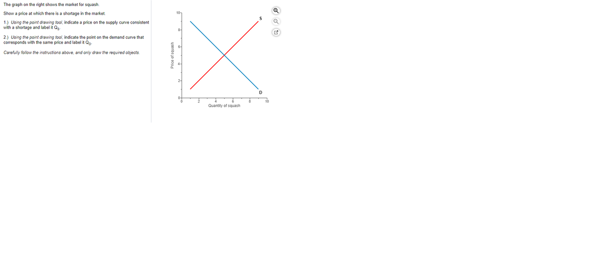 The graph on the right shows the market for squash.
Show a price at which there is a shortage in the market.
10-
1.) Using the point drawing tool, indicate a price on the supply curve consistent
with a shortage and label it Q.
8-
2.) Using the point drawing tool, indicate the point on the demand curve that
corresponds with the same price and label it Qn.
Carefully follow the instructions above, and only draw the required objects.
2-
0-
10
Quantity of squash
Price of squash
