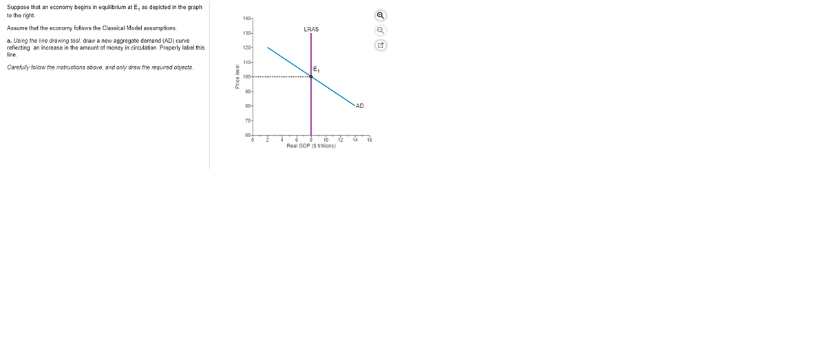 Suppose that an economy begins in equilibrium at E, as depicted in the graph
to the right.
140-
Assume that the economy follows the Classical Model assumptions.
LRAS
130-
a. Using the line drawing tool, draw a new aggregate demand (AD) curve
reflecting an increase in the amount of money in circulation. Properly label this
line.
120-
110-
Carefully follow the instructions above, and only draw the required objects.
E,
100-
90-
80-
AD
70-
60-
10
12
14
16
Real GDP ($ trillions)
Price level
